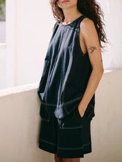 Casual Contrast Stitch Denim Tank Top and Shorts Set | Outfit Sets Daverri Fashions