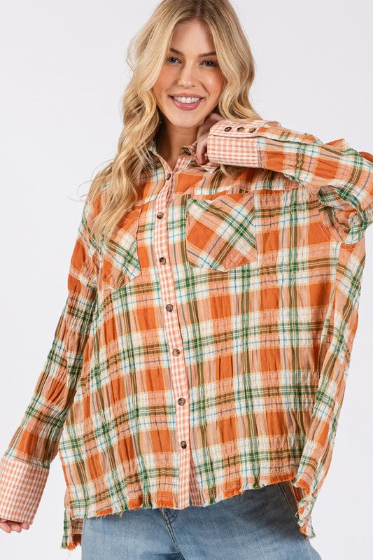 SAGE + FIG Side Slit Plaid Button Down Long Sleeve Shirt Shirts