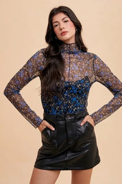 Black Blue Annie Wear Floral Lettuce Hem Sheer Mesh Top | Tops Daverri Fashions