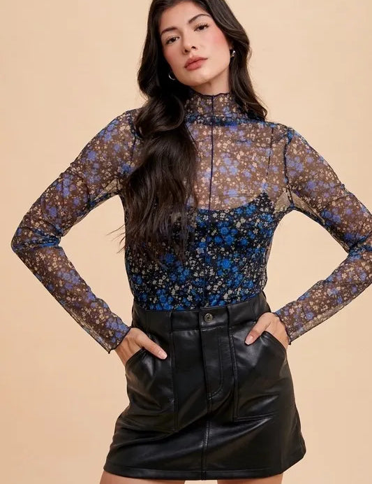 Black Blue Annie Wear Floral Lettuce Hem Sheer Mesh Top | Tops Daverri Fashions