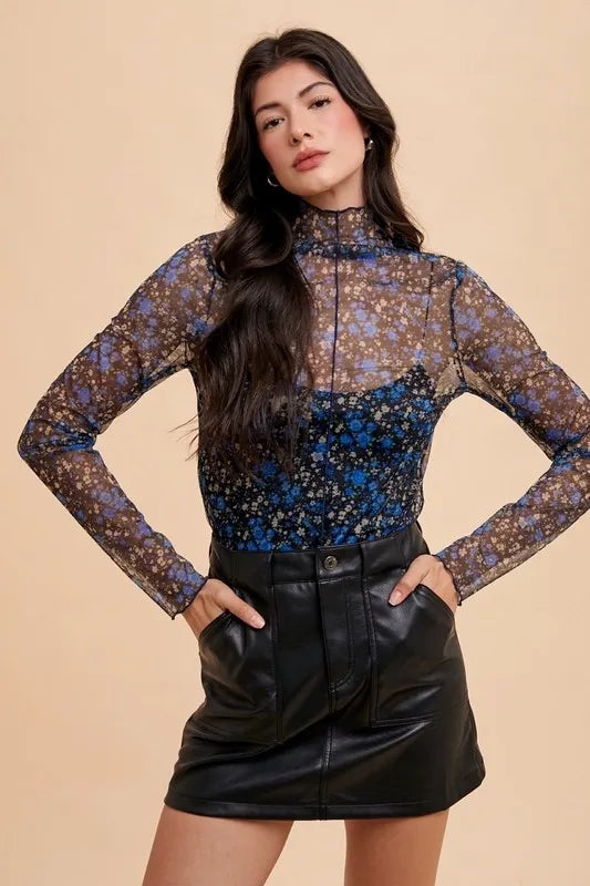 Black Blue Annie Wear Floral Lettuce Hem Sheer Mesh Top | Tops Daverri Fashions