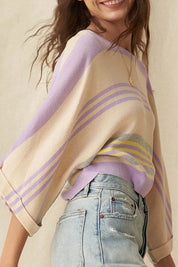 Contrast Striped Round Neck Three-Quarter Sleeve Top | Knit Tops Daverri Fashions