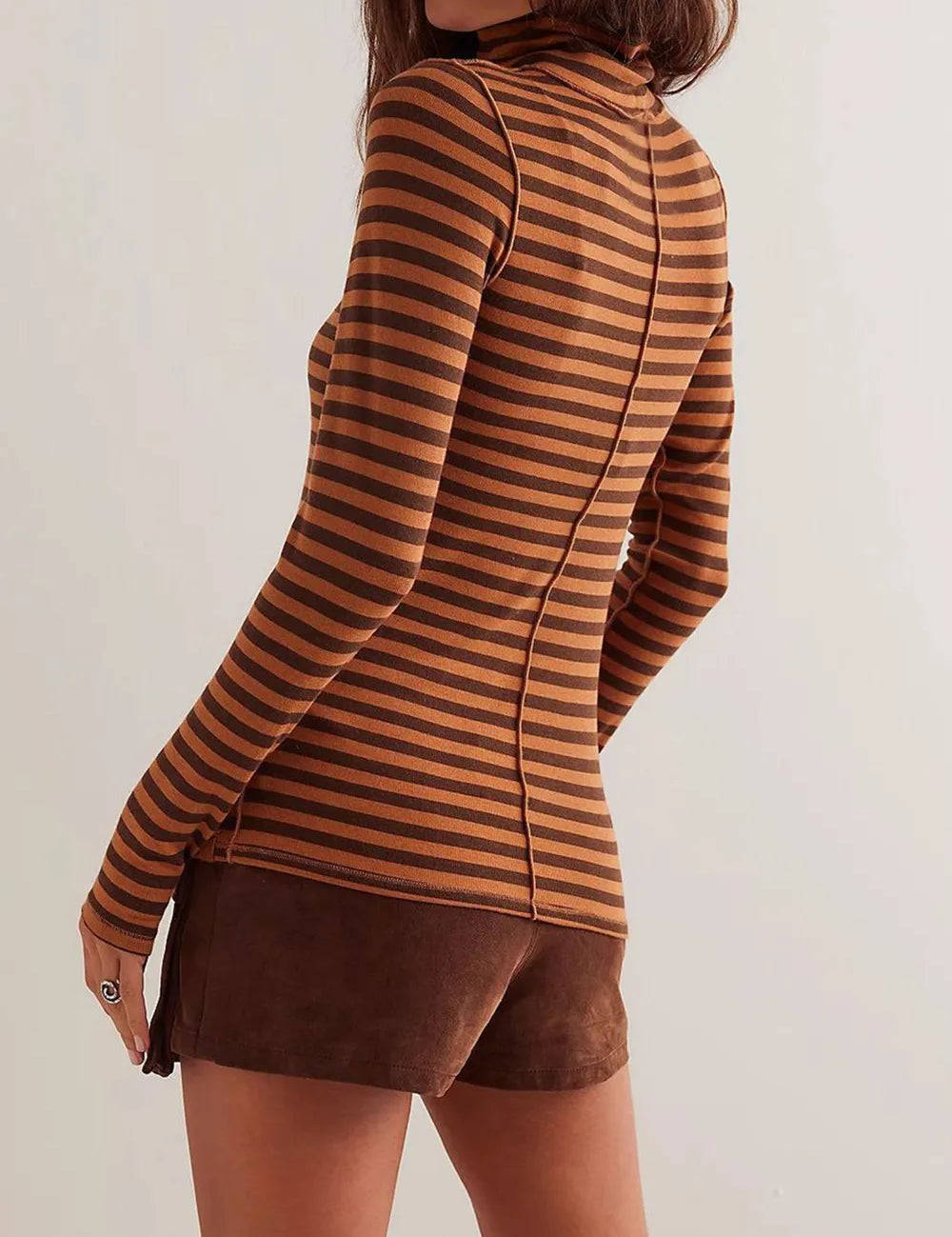 Brown Exposed Seam Striped Turtleneck Long Sleeve T-Shirt | Tops Daverri Fashions