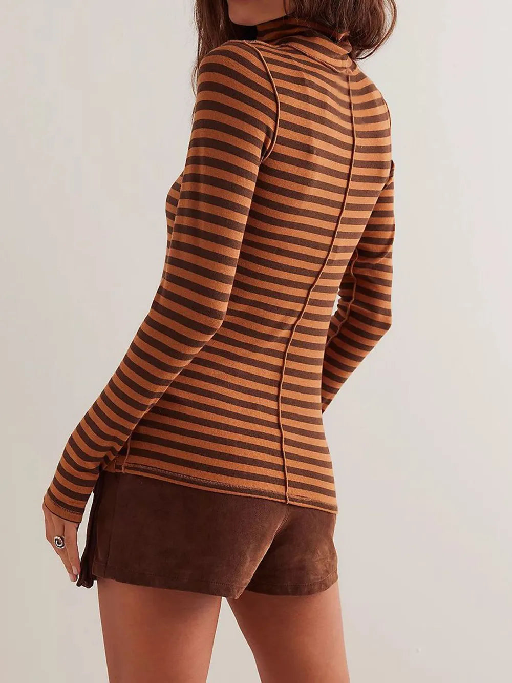 Brown Exposed Seam Striped Turtleneck Long Sleeve T-Shirt | Tops Daverri Fashions