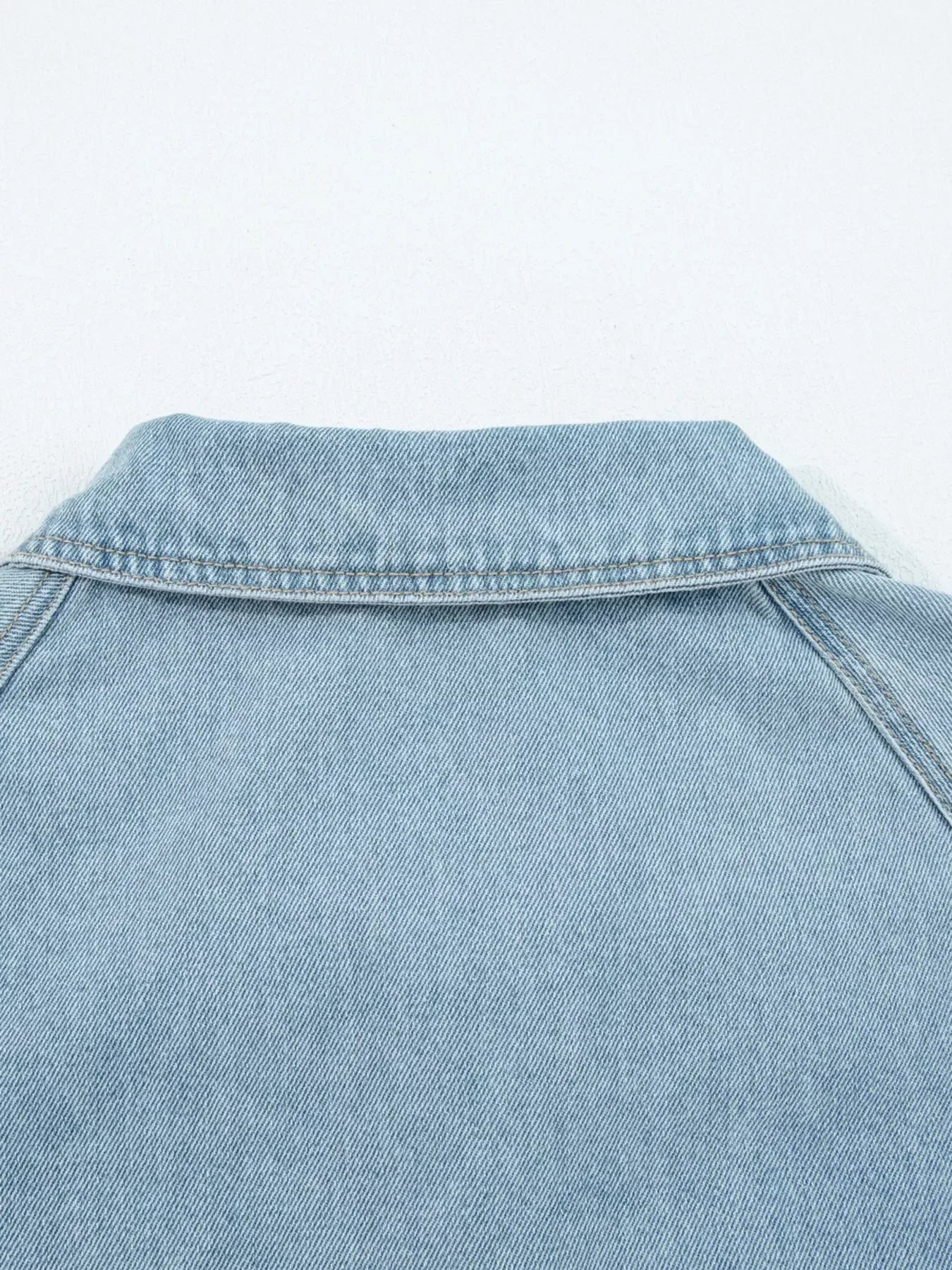 Elastic Edge Collared Zip Up Denim Jacket With Pocket - DAVERRI FASHIONS