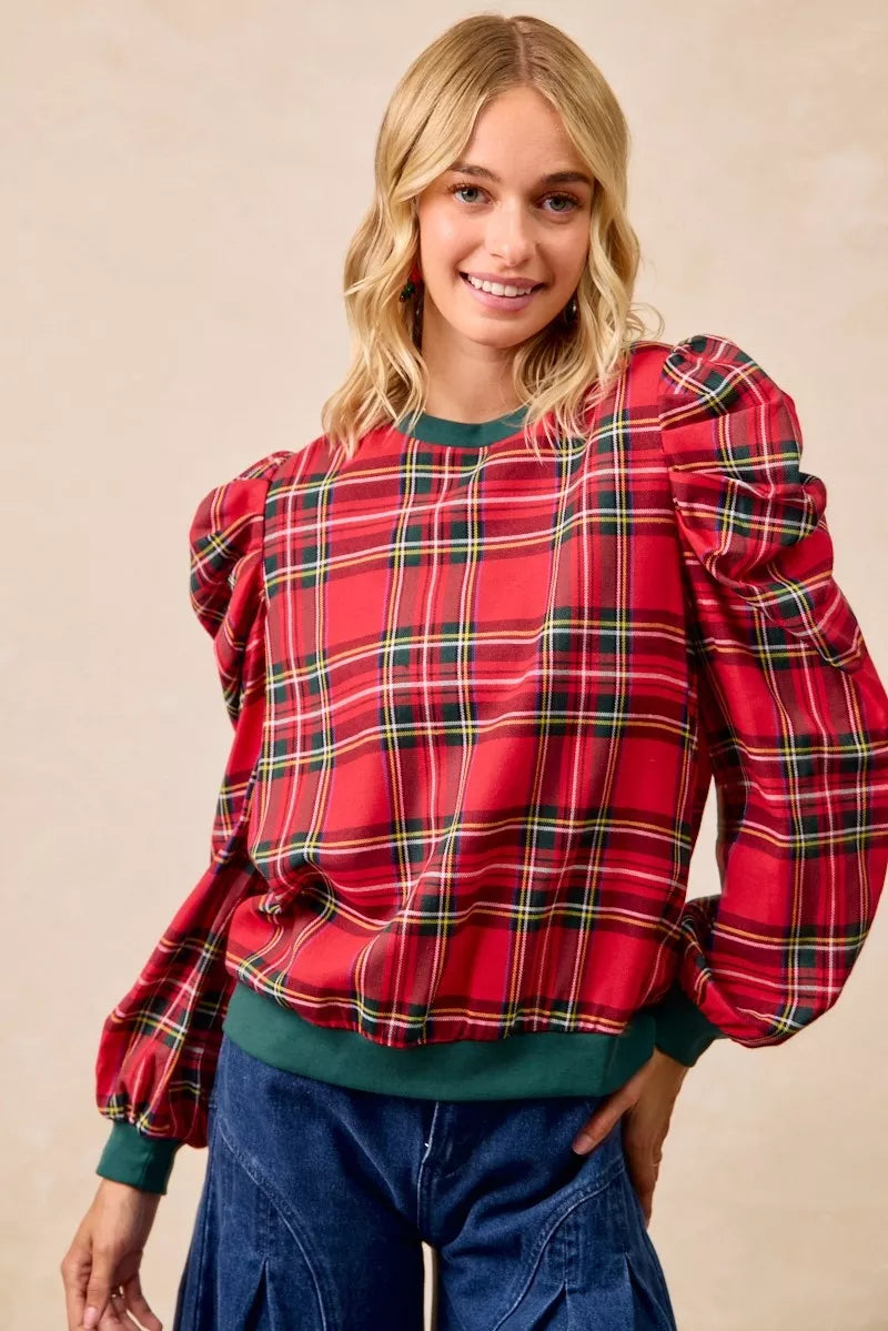 BiBi Christmas Plaid Exaggerated Shoulder Sleeves Top | Tops Daverri Fashions