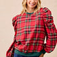 BiBi Christmas Plaid Exaggerated Shoulder Sleeves Top - DAVERRI FASHIONS