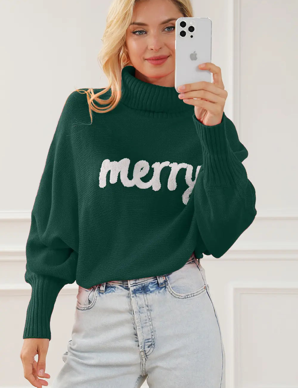 Merry Letter Embroidered High Neck Sweater | Sweaters Daverri Fashions