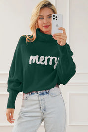 Merry Letter Embroidered High Neck Sweater | Sweaters Daverri Fashions