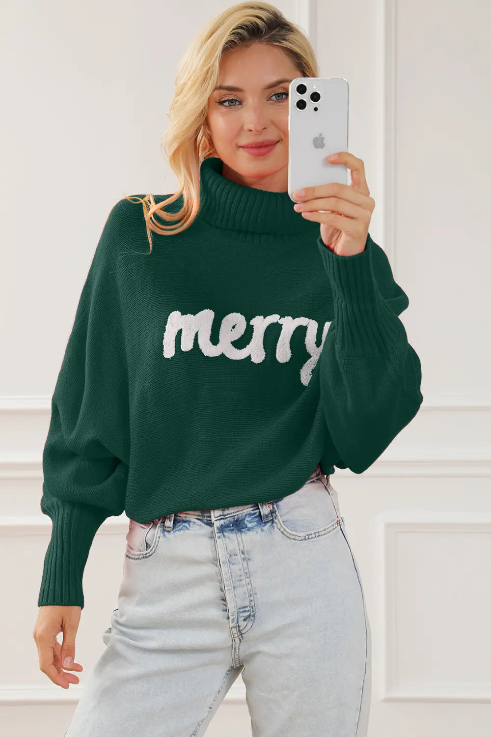 Merry Letter Embroidered High Neck Sweater | Sweaters Daverri Fashions