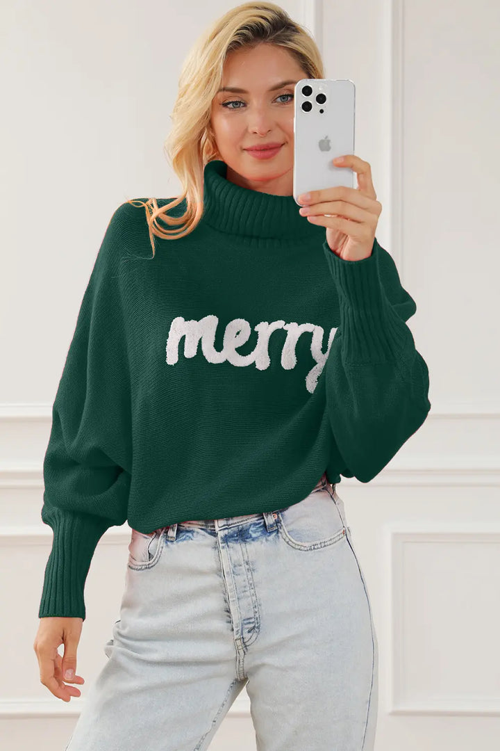 Merry Letter Embroidered High Neck Sweater | Sweaters Daverri Fashions