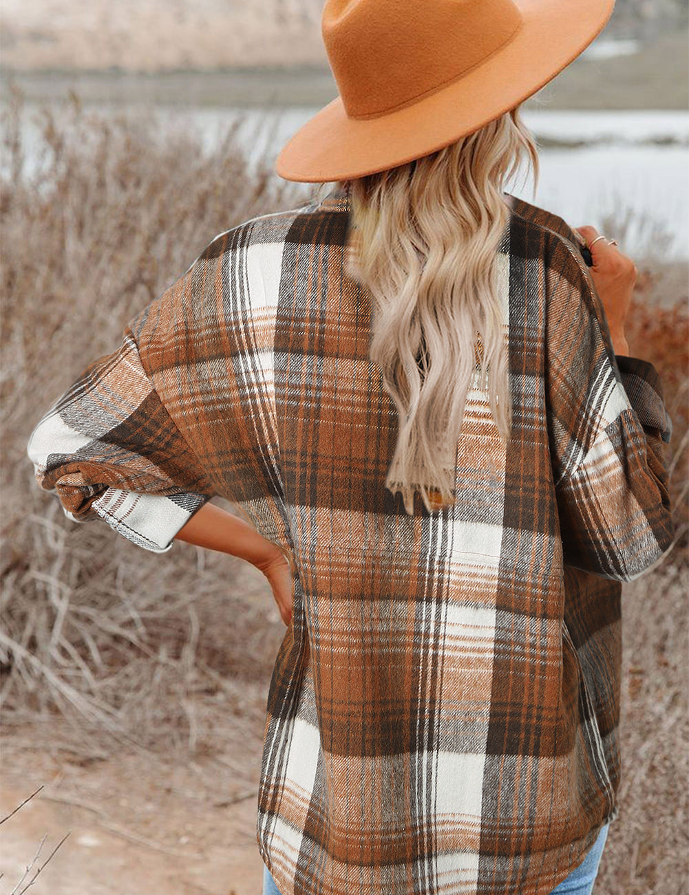 Brown Plaid Flap Pockets Shacket | Shackets Daverri Fashions