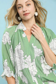 Umgee Peony Illustration Print Flounce Sleeve Blouse | Blouses Daverri Fashions