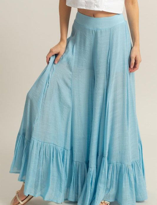 Pastel Blue HYFVE High-Waist Ruffle Flared Wide Leg Pants | Daverri Fashions