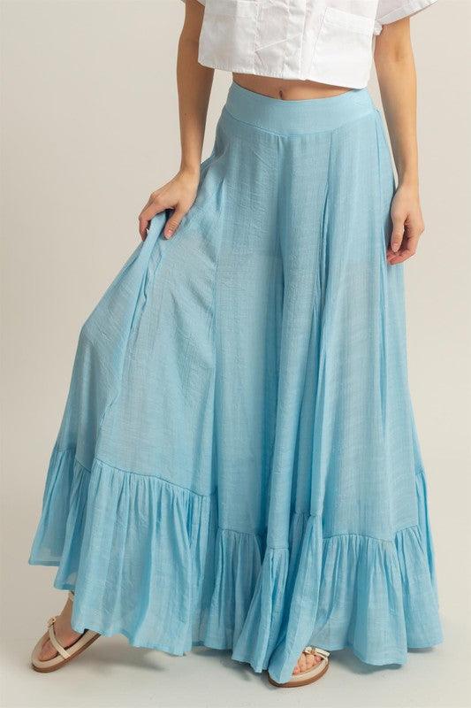 Pastel Blue HYFVE High-Waist Ruffle Flared Wide Leg Pants | Daverri Fashions