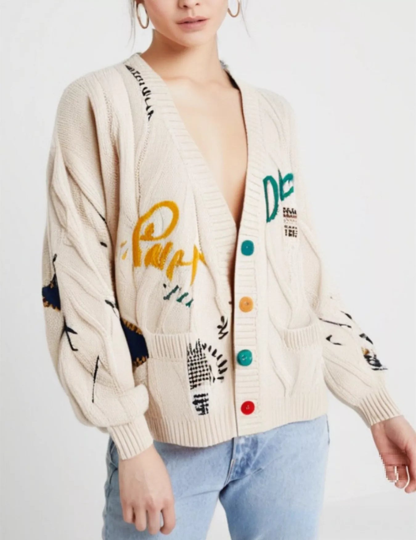 Beige One Size Cable Knit Button Up Cardigan | Cardigans Daverri Fashions