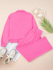 Solid Color Collared Pullover and Central Seam Pants Set | Loungewear Sets Daverri Fashions