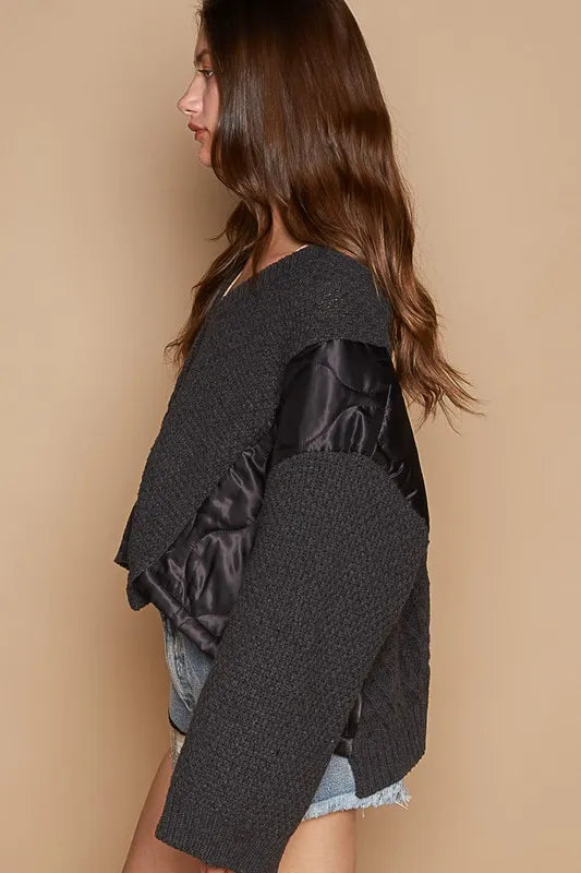 POL Cable Knit Quilting Patch V-Neck Sweater Sweaters