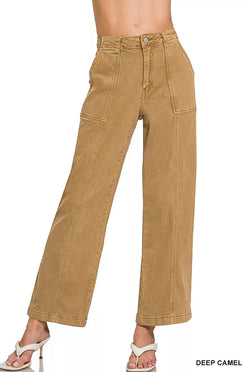 Zenana straight leg utility pocket jeans in deep camel high-rise wide-leg style