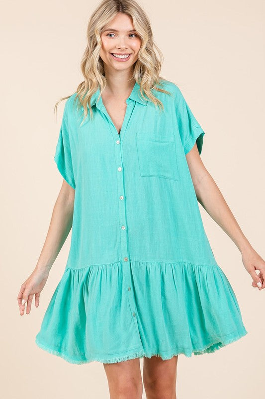 Mittoshop Linen Blend Button Down Shirt Mini Dress Tiffany Blue