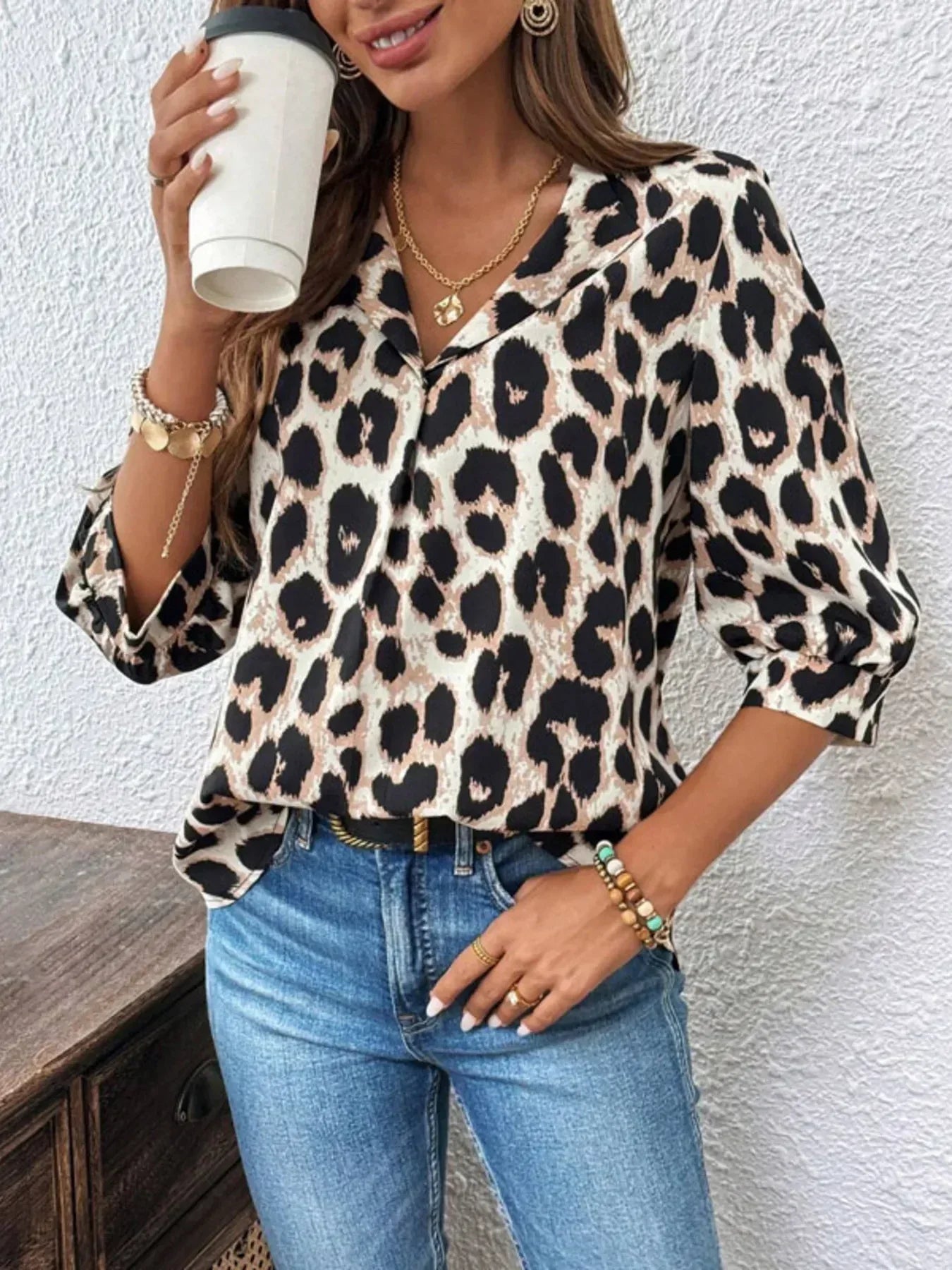 Leopard Print 3/4 Sleeve Blouse - DAVERRI FASHIONS