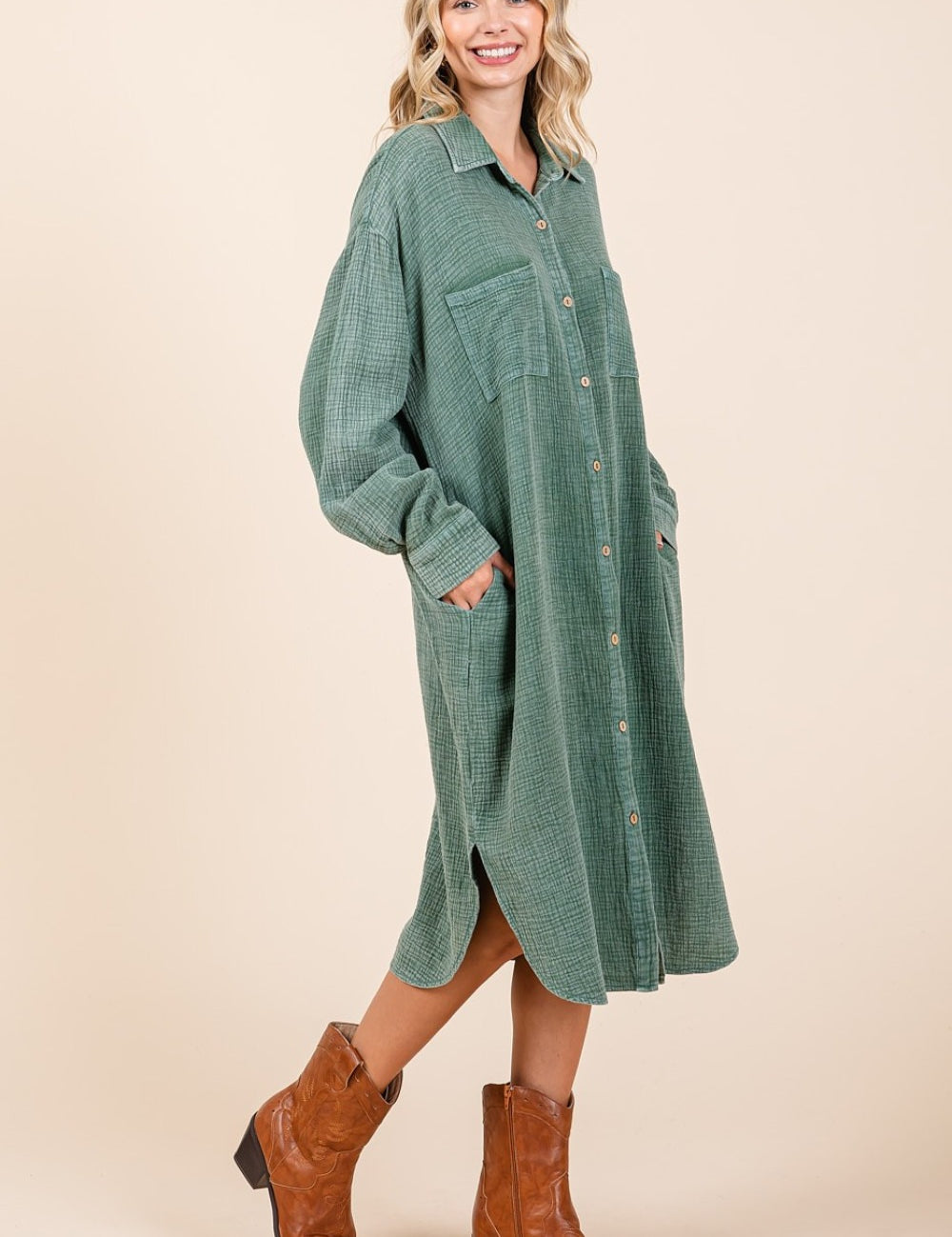 Mittoshop Mineral Wash Cotton Gauze Midi Shirt Dress