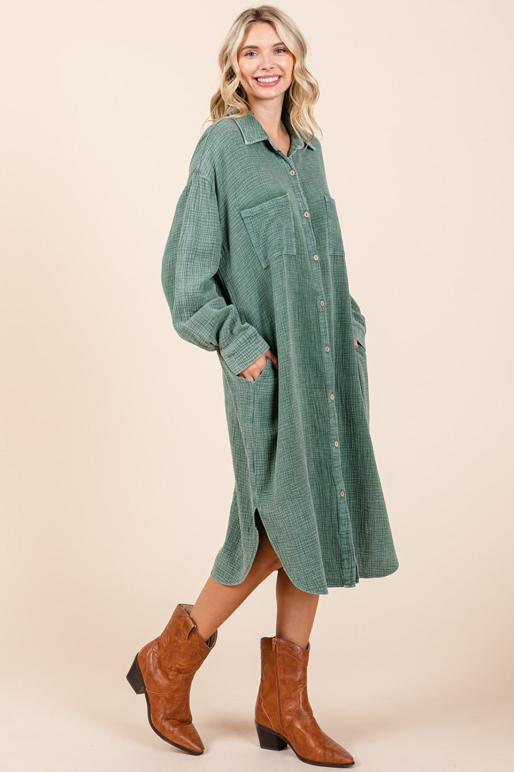 Mittoshop Mineral Wash Cotton Gauze Midi Shirt Dress Midi Dresses