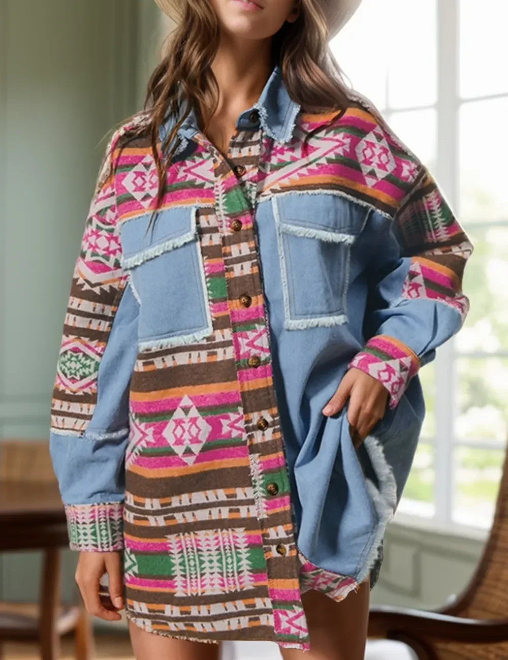 Geometric collared denim shacket with Aztec pattern and fringe
