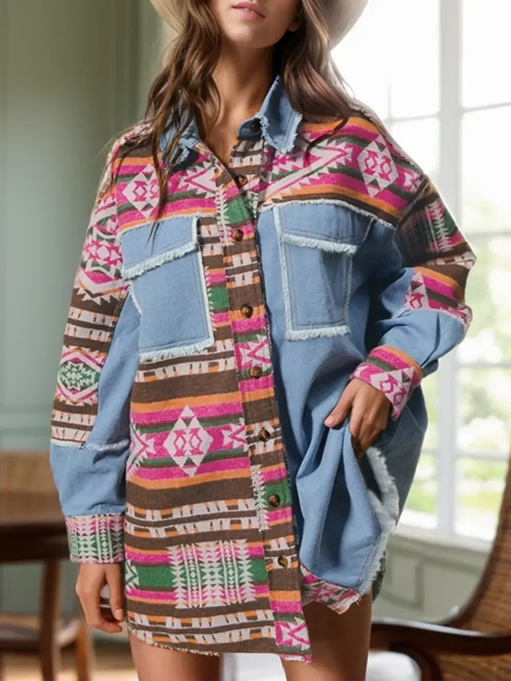 Geometric Collared Neck Long Sleeve Shacket - DAVERRI FASHIONS