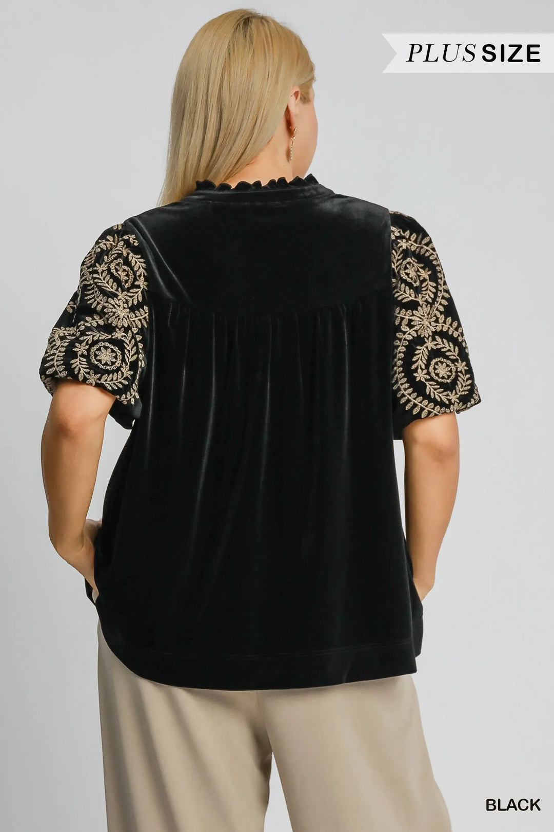 Umgee Full Size Velvet Embroidered Sleeve Blouse Blouses