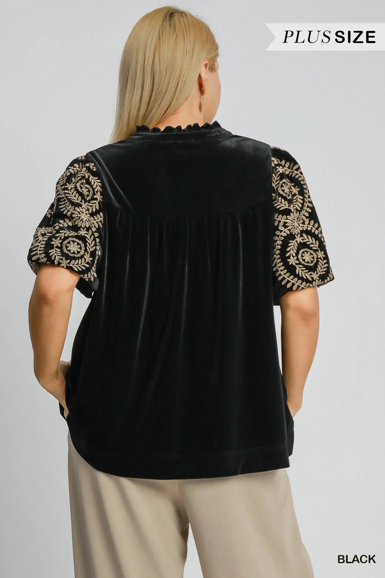Umgee Full Size Velvet Embroidered Sleeve Blouse Blouses