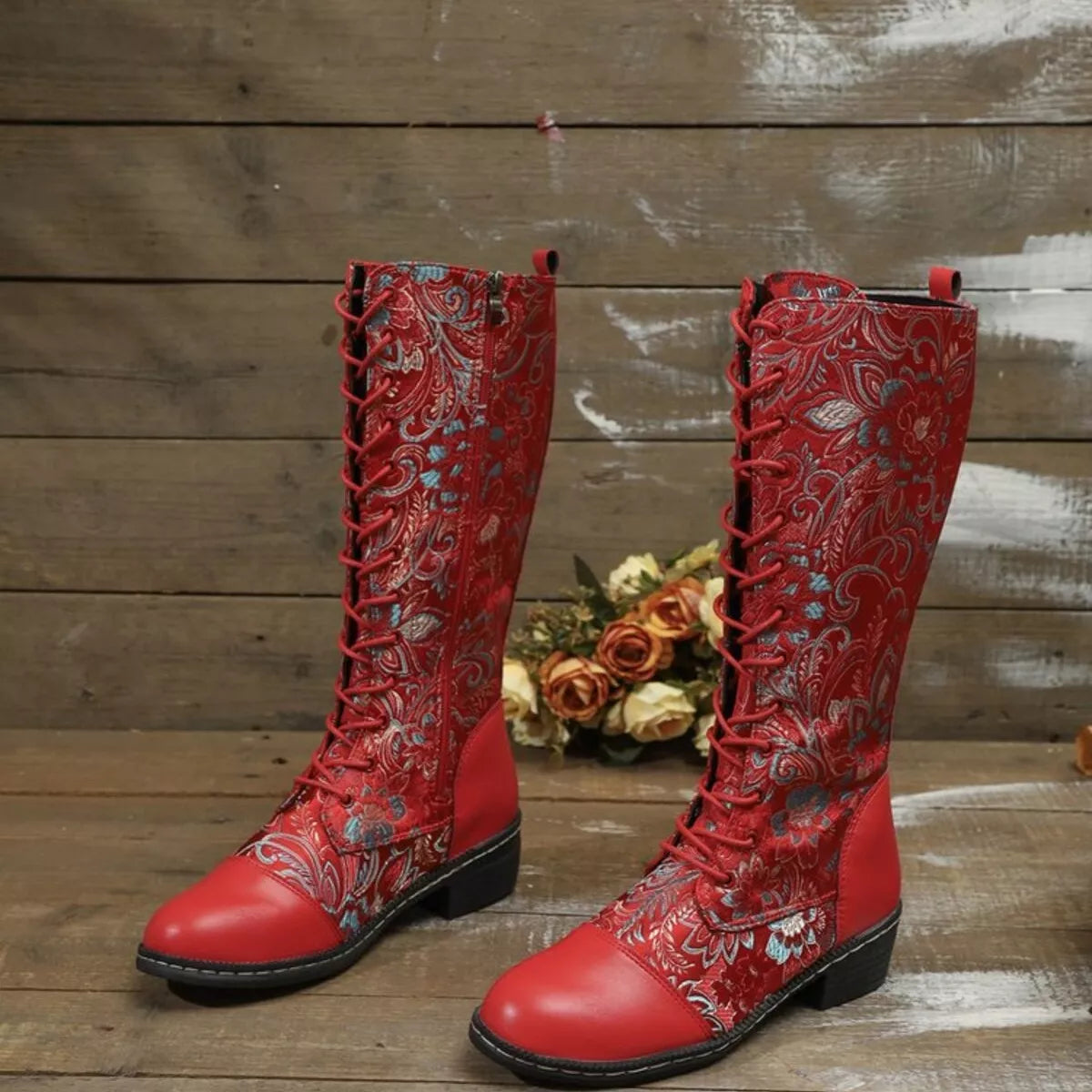 Red Lace Up Block Heels Boots | Boots Daverri Fashions