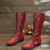 Red Lace Up Block Heels Boots | Boots Daverri Fashions
