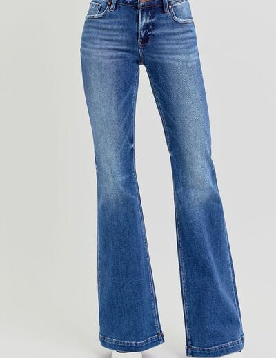 RISEN Full Size Low Rise Flare Jeans with Pockets Dark