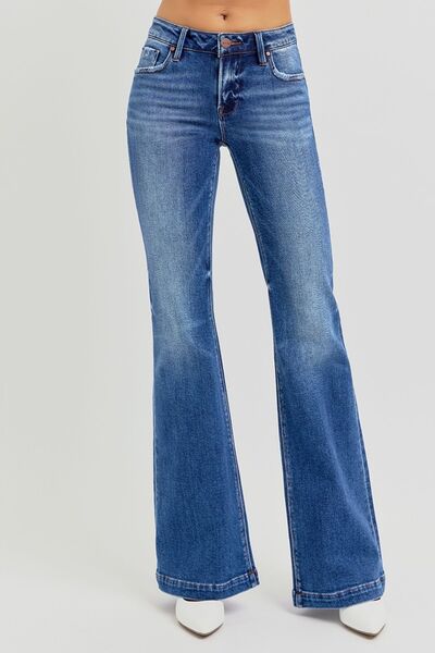 RISEN Full Size Low Rise Flare Jeans with Pockets Dark