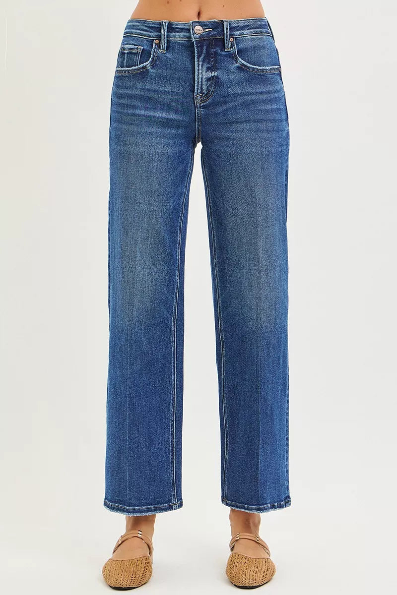 Risen high-rise ankle straight jeans in blue denim with tummy control and frayed hems