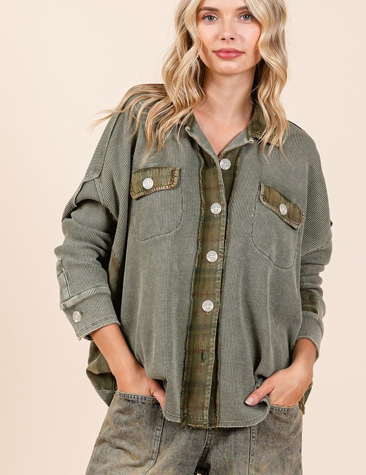 Mittoshop Mineral Washed Plaid Button Down Shacket Olive Tops