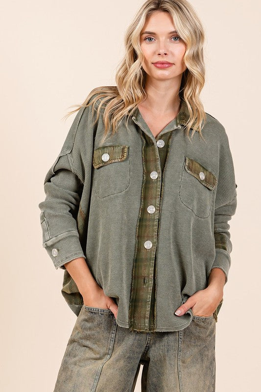 Mittoshop Mineral Washed Plaid Button Down Shacket Olive Tops