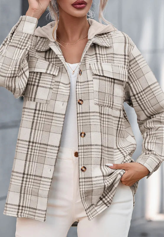 Daverri beige gray plaid hooded flannel shacket back view