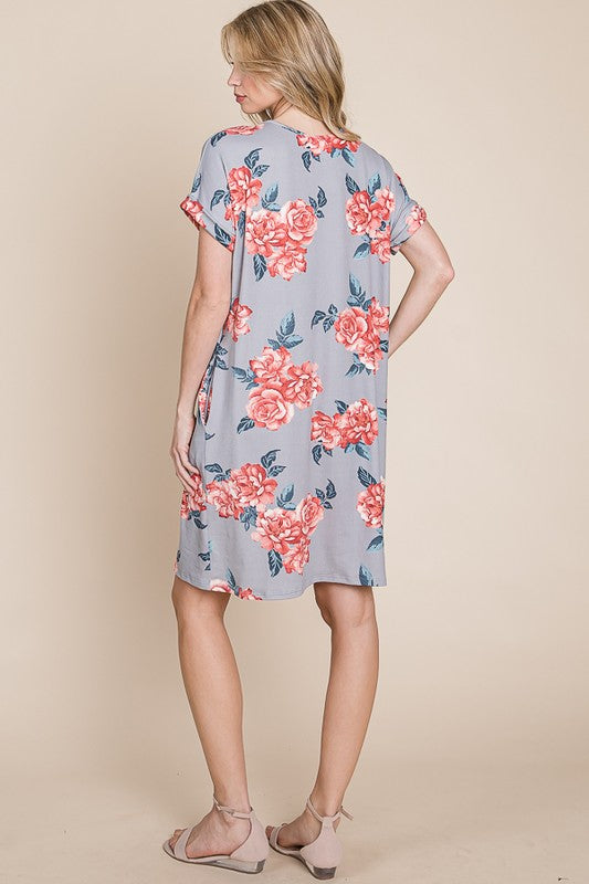 BOMBOM Floral Round Neck Short Tee Dress with Pockets