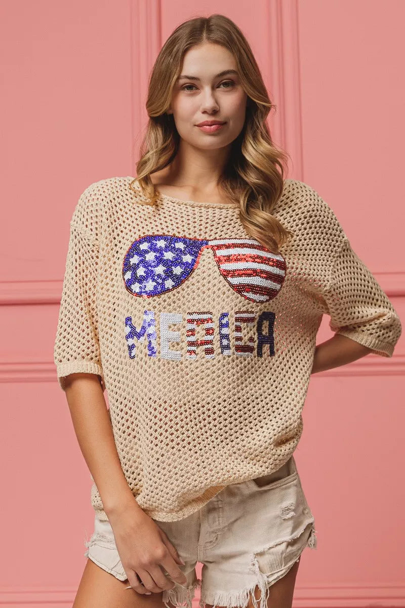 BiBi Sequin American Flag Sunglasses Knit Cover Up in beige with America lettering