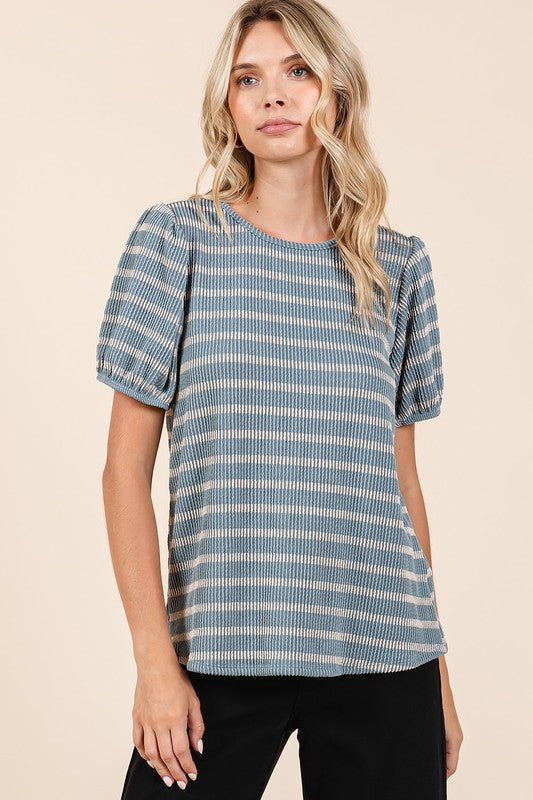 Mittoshop Contrast Striped Short Puff Sleeve Knit Top Dusty Blue Tops