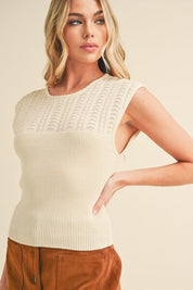 Aemi + Co Openwork Round Neck Cap Sleeve Knit Top Natural Tops