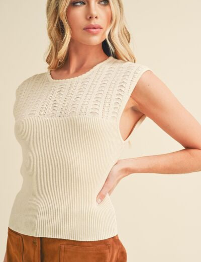 Aemi + Co Openwork Round Neck Cap Sleeve Knit Top Natural Tops