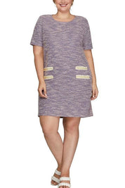 She + Sky Short Sleeve Pearl Studded Trim Knit Tweed Dress Lilac | Mini Dresses Daverri Fashions
