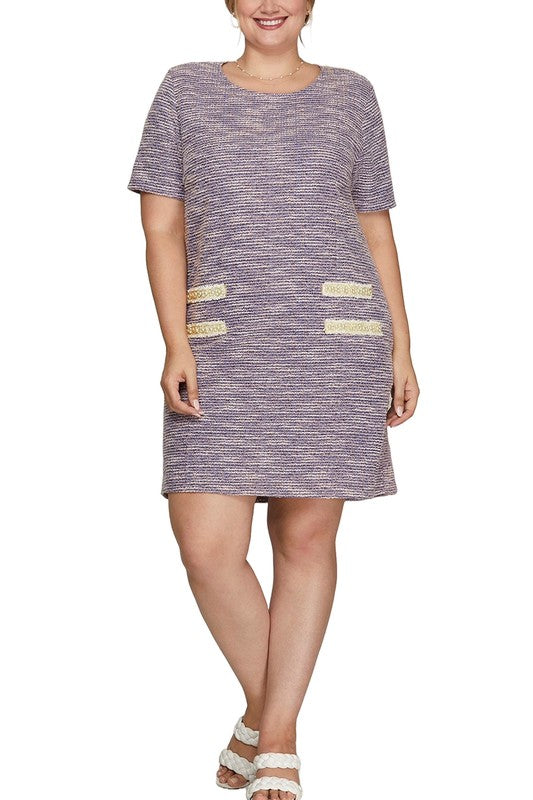 She + Sky Full Size Short Sleeve Pearl Studded Trim Knit Tweed Dress Plus Size Mini Dresses