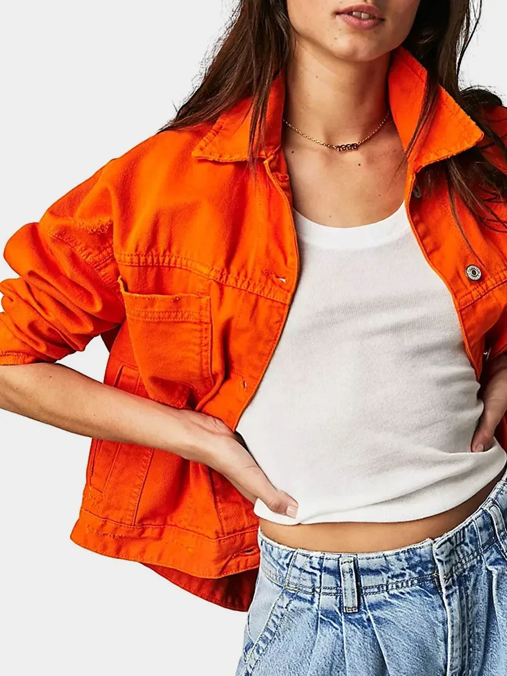 Button Up Long Sleeve Denim Jacket Orange - DAVERRI FASHIONS