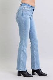 Judy Blue mid-rise thermal light blue denim bootcut jeans with black high-heeled boots