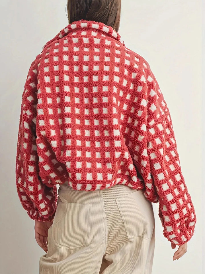 Fleece Checkered Puff Sleeve Bomber Jacket | Jackets Daverri Fashions