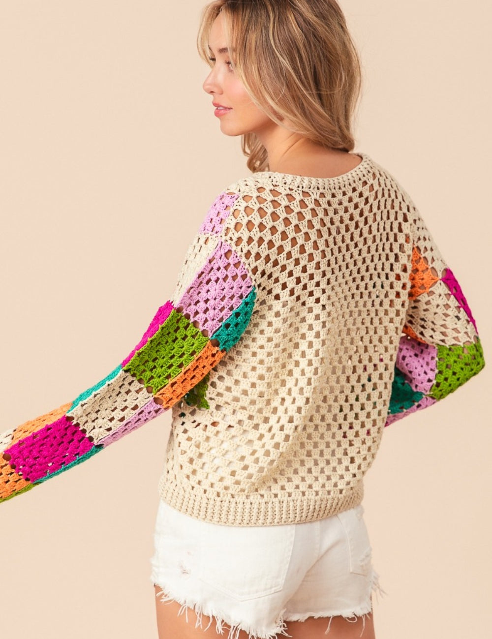 BiBi Multi Color Checkered Long Sleeve Knit Top